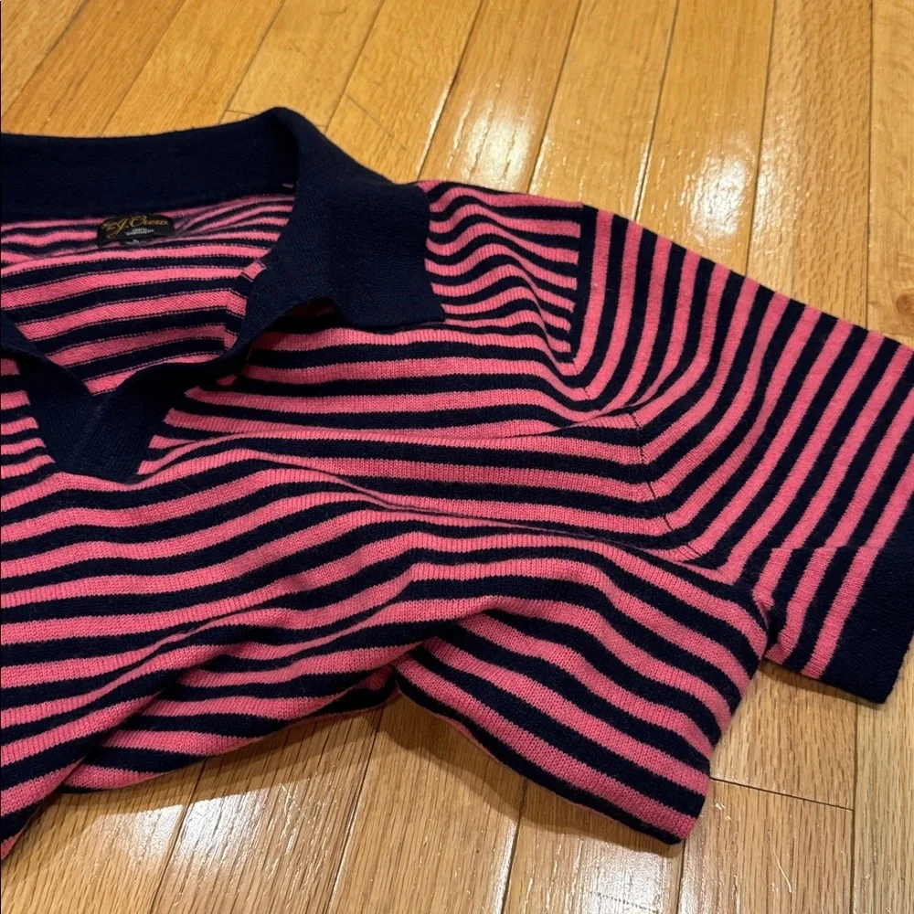 J.Crew Pink And Blue Striped Cashmere Johnny Collar Short Sleeve Top L